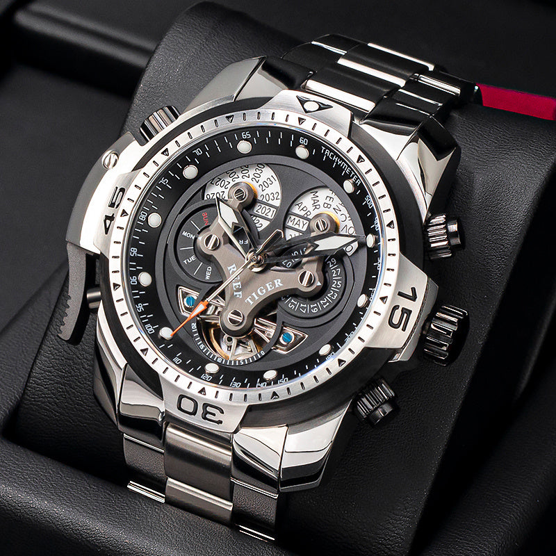 Black steel watch with a striking design, featuring a steel shell and dark accents, presented in a premium display box for a refined look.