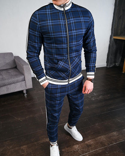 Back view of blue-green striped suit set for men
