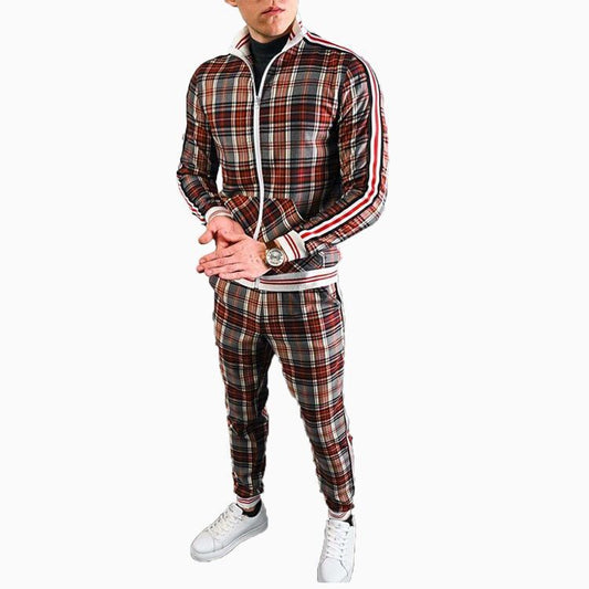 Front view of men's blue striped suit set with jacket and pants
