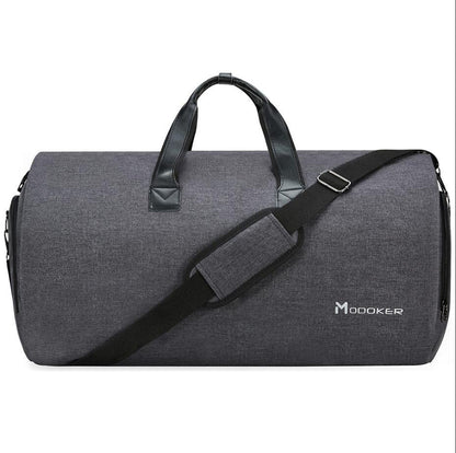 Garment bag holding business attire in wrinkle-free position
