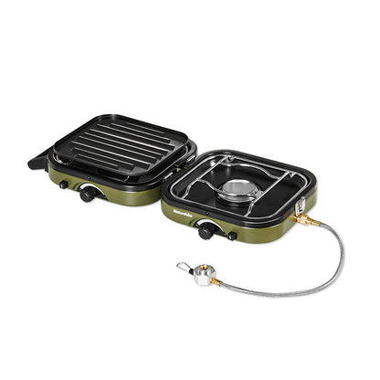 Built-in ignition system on a compact gas stove for hassle-free outdoor cooking.