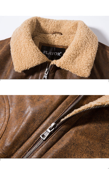 The Vintage Casual American Leather Jacket paired with jeans for a relaxed, stylish outfit.