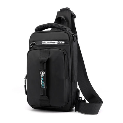 Man wearing gray waterproof tech backpack in urban environment