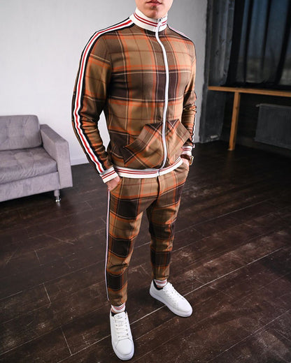 Close-up view of brown striped jacket collar and lapel design
