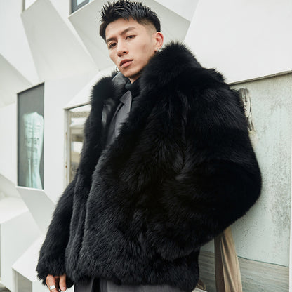 Close-up of the premium fox fur material used in the men's lapel coat.