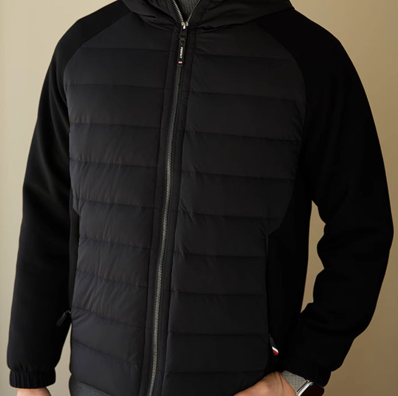Detailed close-up of the polyester and polyamide fabric with bold stitching