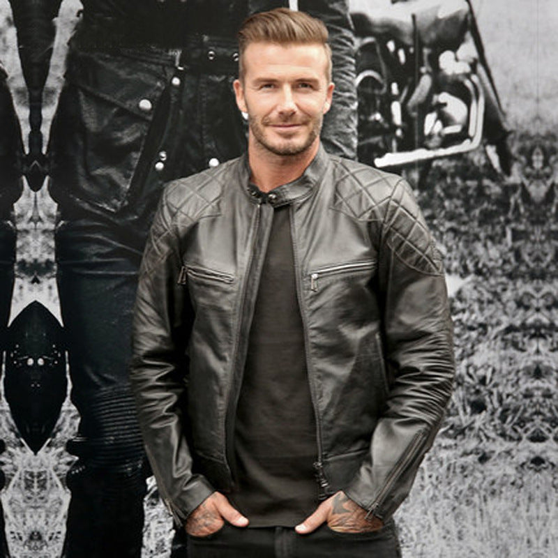 Detailed close-up of the stand-up collar and smooth zipper closure of the jacket.