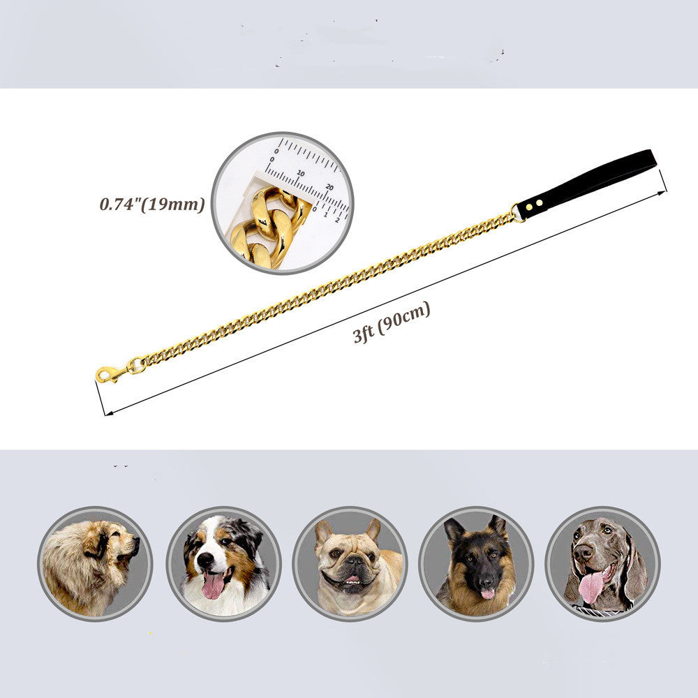 Durable Leather Grip on Golden Stainless Steel Dog Leash