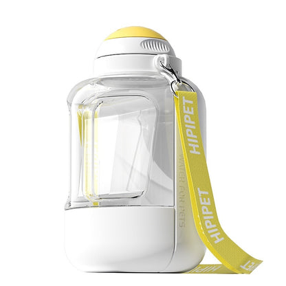 Gray pet water and food bottle with leak-proof silicone seal.