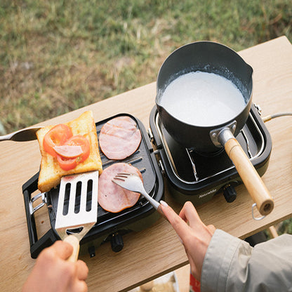Fully expanded view of the dual-burner gas stove, perfect for 1-2 people.