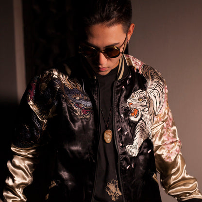 Showcasing both sides of the reversible embroidered men’s jacket