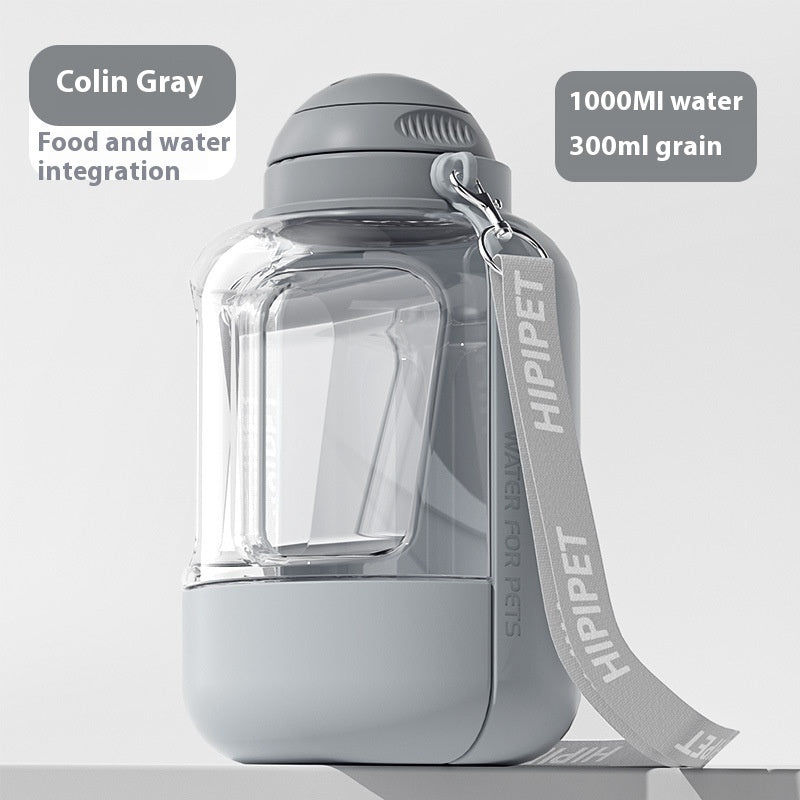 White pet hydration bottle with integrated food compartment and leak-proof design.