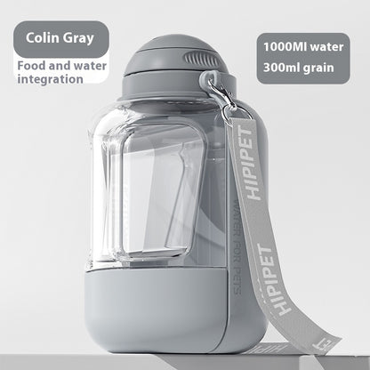 White pet hydration bottle with integrated food compartment and leak-proof design.