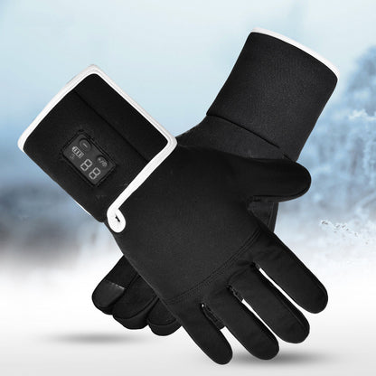 Black heated gloves made from nylon microfiber, Lycra, and velvet for durability and flexibility.