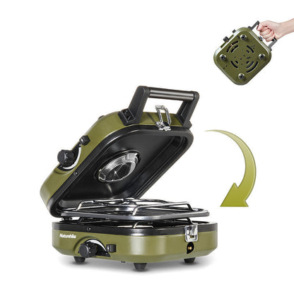 Folded and compact gas stove, ideal for easy packing and outdoor portability.