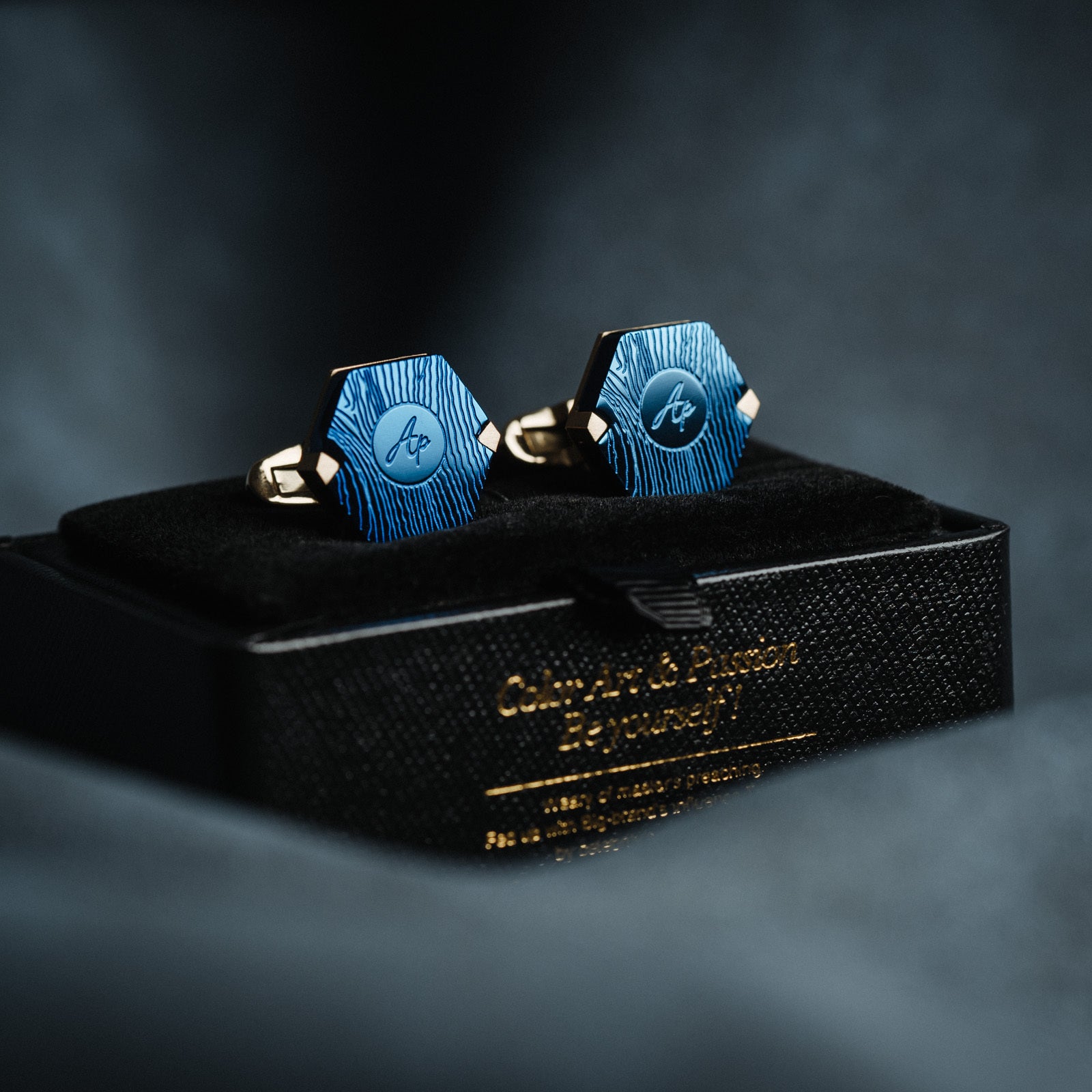 Full View of French Blue Gold Steel Cufflinks for Business and Casual Wear