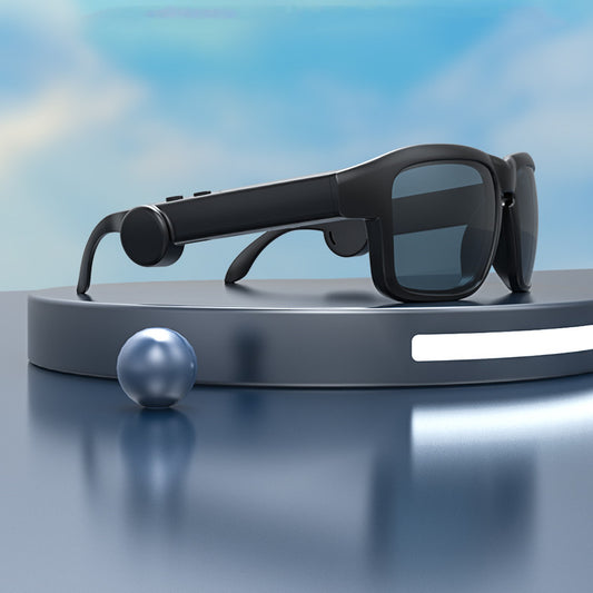 Black Bluetooth sunglasses with built-in speakers and microphone