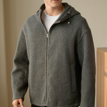 Men’s hooded woolen coat front view in carbon gray showcasing its stylish loose fit and premium fabric.