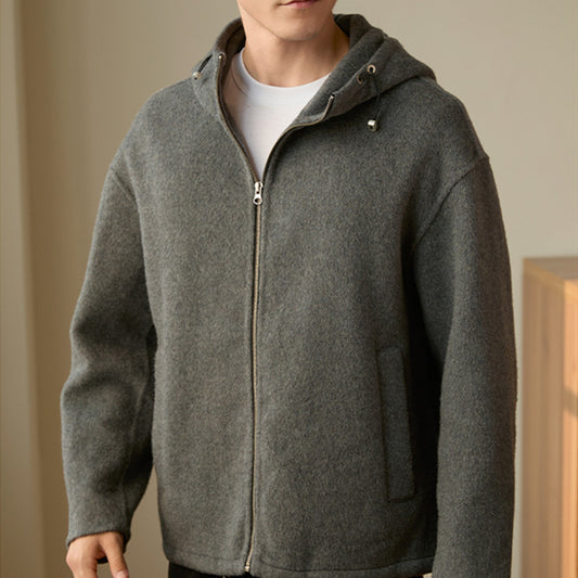 Men’s hooded woolen coat front view in carbon gray showcasing its stylish loose fit and premium fabric.