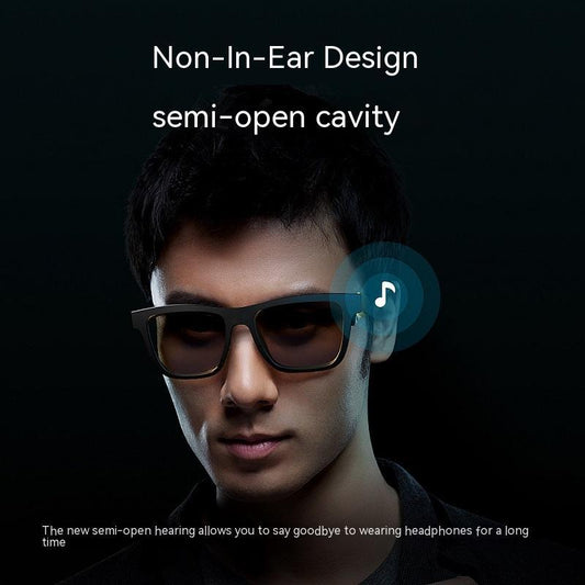 Front-facing image of black Bluetooth sunglasses with voice assistant