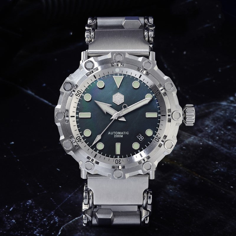 Sophisticated titanium alloy mechanical watch with a leather strap and bold design.