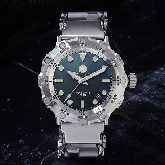 Sophisticated titanium alloy mechanical watch with a leather strap and bold design.