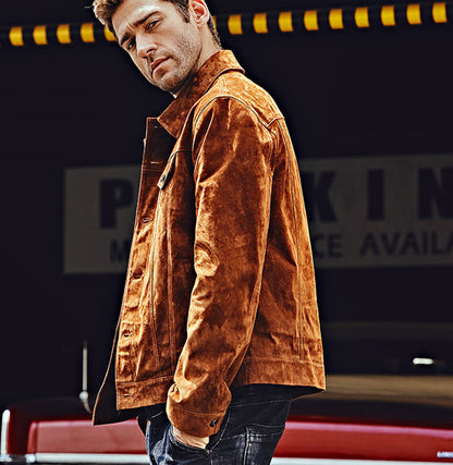 Men's outfit featuring brown pigskin biker jacket and casual wear
