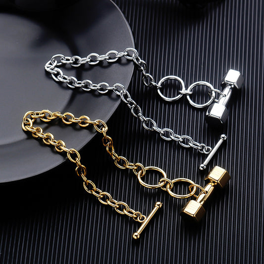 Bold Gold Dumbbell Bracelet with Titanium Steel Cuban Link Design