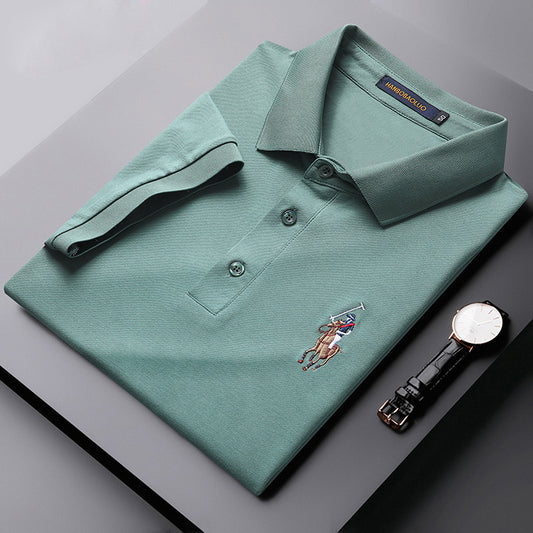 Front view of gray cotton embroidered polo T-shirt with lapel collar