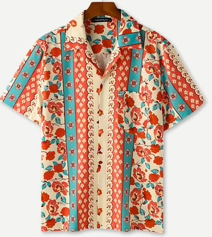 Man wearing HX_A3 floral shirt in relaxed seated pose