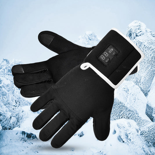 Heated gloves with LED temperature control display, offering adjustable warmth from 40°C to 65°C.