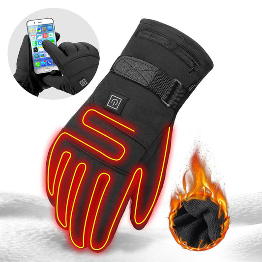 Black heated motorcycle gloves with touch screen compatibility, perfect for winter rides.