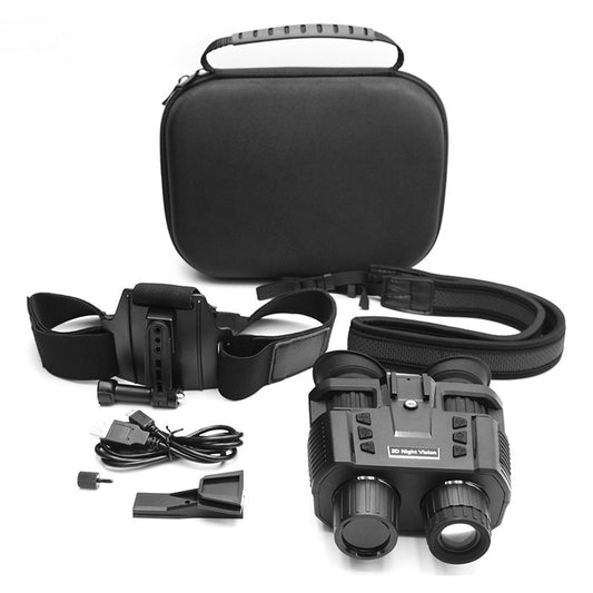 A person using HD night vision binoculars to view wildlife in a forest at night.