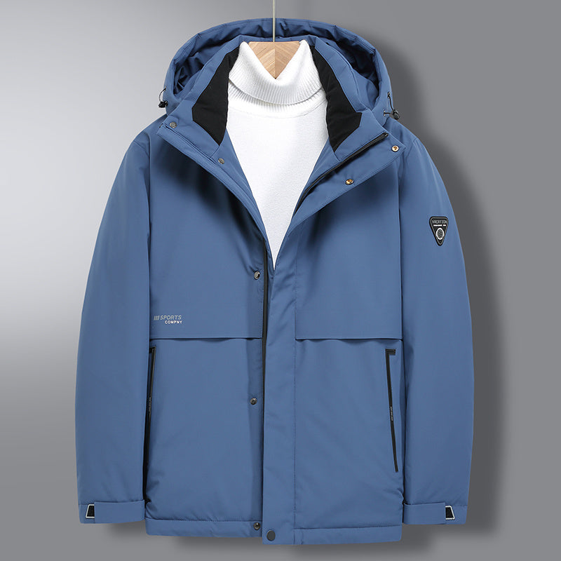 Size chart for men's hooded down jacket, sizes 170 to 195, with shoulder, bust, length, and sleeve details.