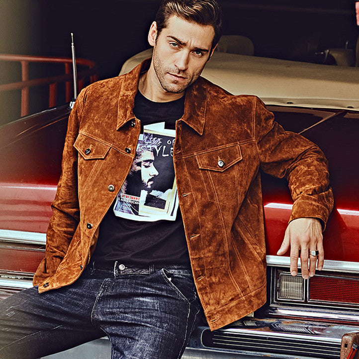 Interior lining detail of men’s brown pigskin leather biker jacket