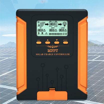 Front view of the Intelligent Solar Charge Controller showcasing its compact design and display.