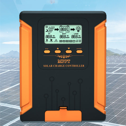 Front view of the Intelligent Solar Charge Controller showcasing its compact design and display.