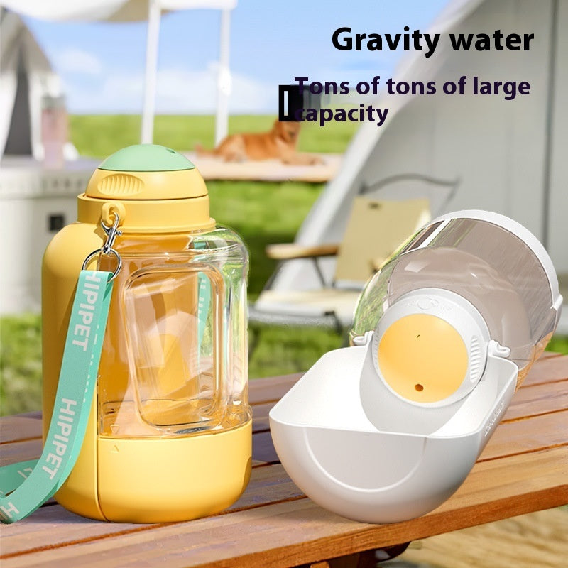 Yellow 2-in-1 water bottle and food dispenser for pets, ideal for travel.