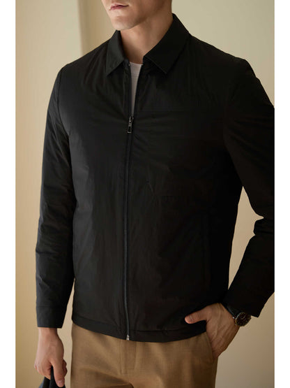 Side angle of the short khaki down jacket for men, featuring a lapel and zipper front