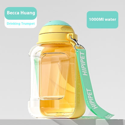 White pet travel bottle with food container, lightweight and portable.