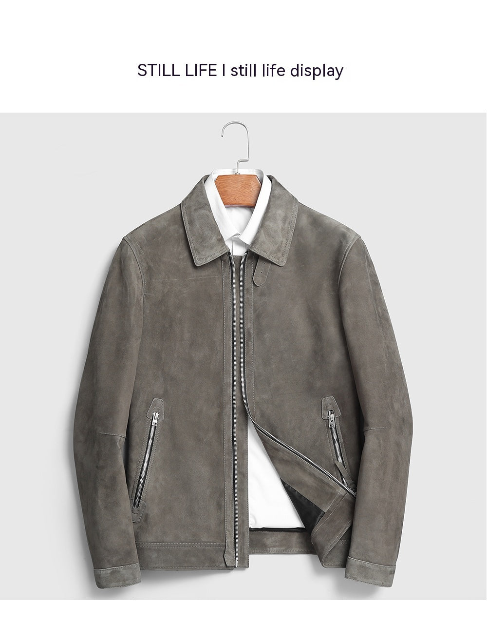 Inner lining detail of men’s suede leather jacket in graphite grey