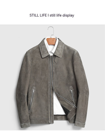 Inner lining detail of men’s suede leather jacket in graphite grey
