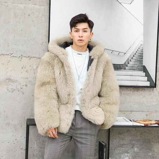 Front view of a luxurious black men's fox fur lapel coat, elegant and warm.