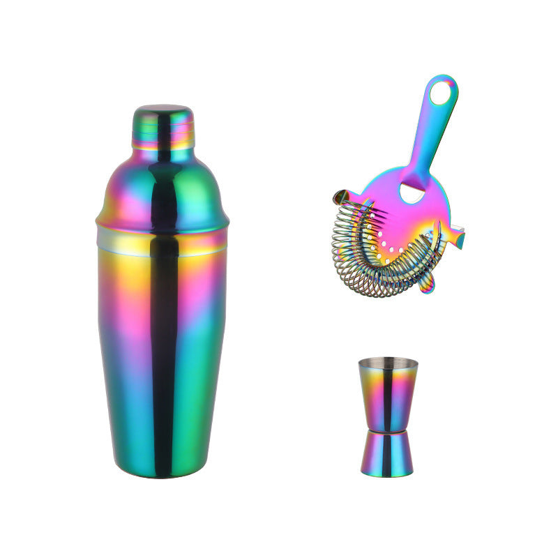 Stainless steel cocktail shaker with a vibrant magic color titanium-plated finish, eco-friendly and durable.