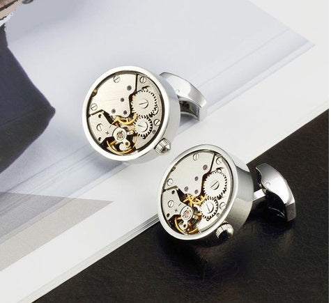 Side view of steampunk cufflinks showcasing functional mechanical gears and vintage-inspired craftsmanship.