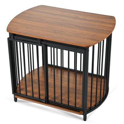 Comfortable brown dog crate with medium-sized dog resting inside