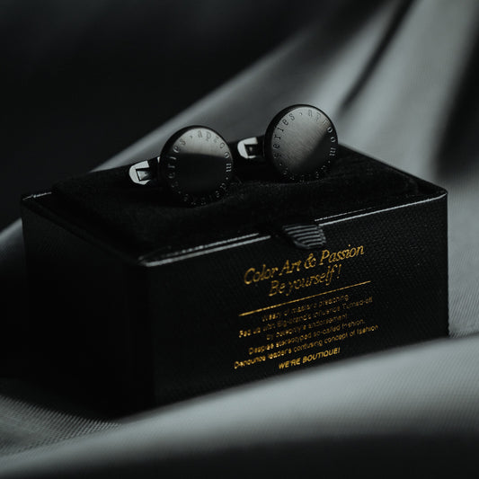 Full View of Sleek Black Steel Cufflinks for Business and Casual Wear
