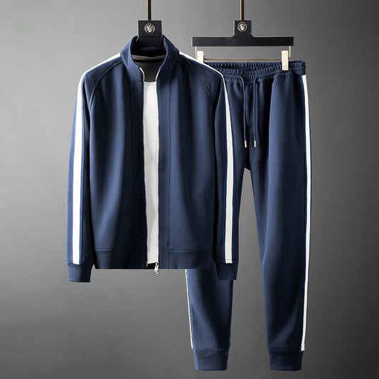 Front view of a men's casual fleece-padded sports suit in normal blue, featuring a cotton jacket and trousers.
