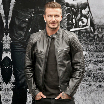 Front view of the men’s distressed leather jacket showcasing the stand-up collar and zipper placket.
