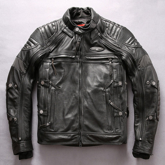 Front view of men's genuine leather motorcycle jacket with stand collar, fitted design.